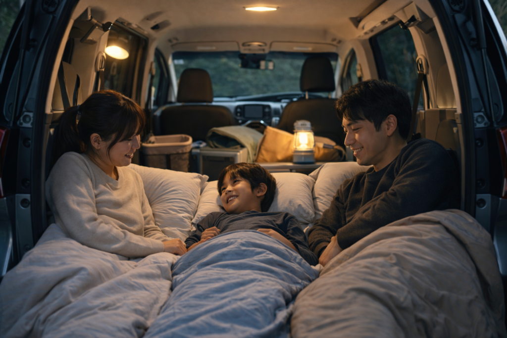 フリードプラスで車中泊準備する日本人男性