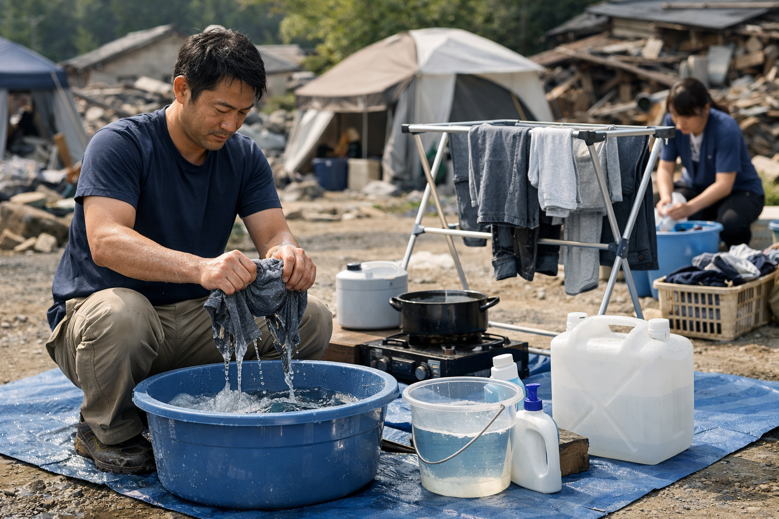 災害時にポリ袋で洗濯する日本人男性