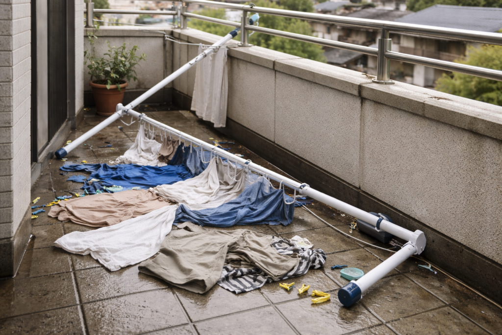 ベランダ突っ張り物干しが倒れる原因例