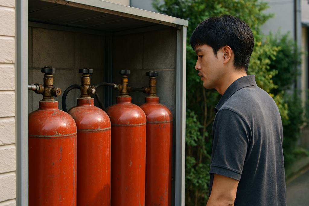 日本人男性が確認するガスボンベ保管場所