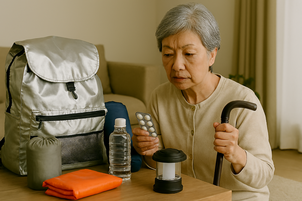 高齢者向け防災グッズを準備する日本人女性