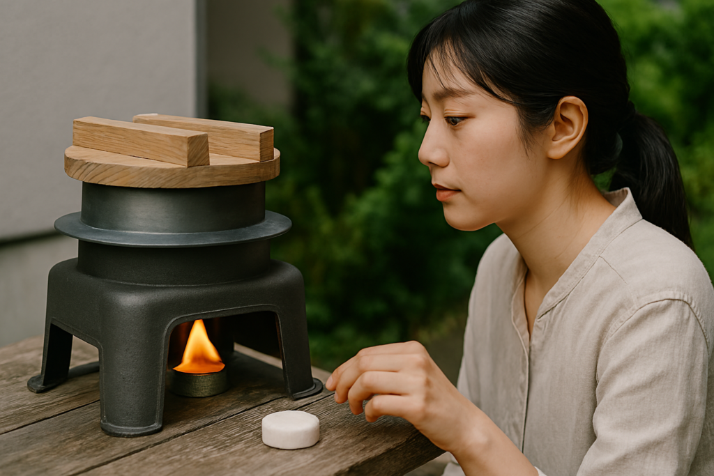 魔法のかまどごはんを固形燃料で使う日本人男性