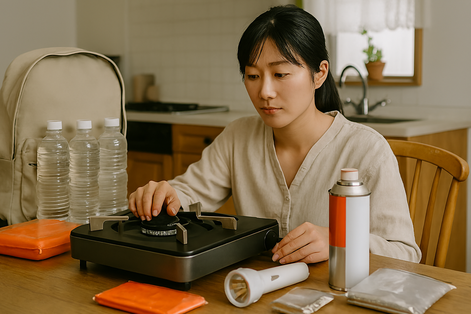 防災用カセットコンロを準備する日本人女性