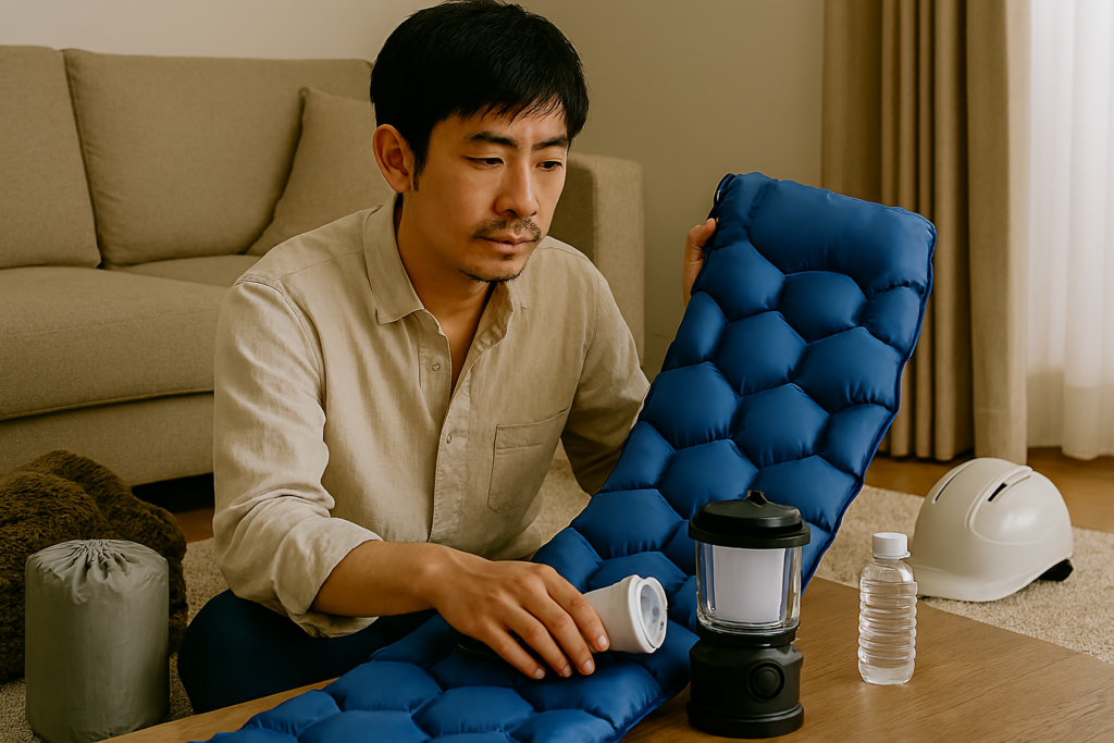 防災エアーマットを確認する日本人男性