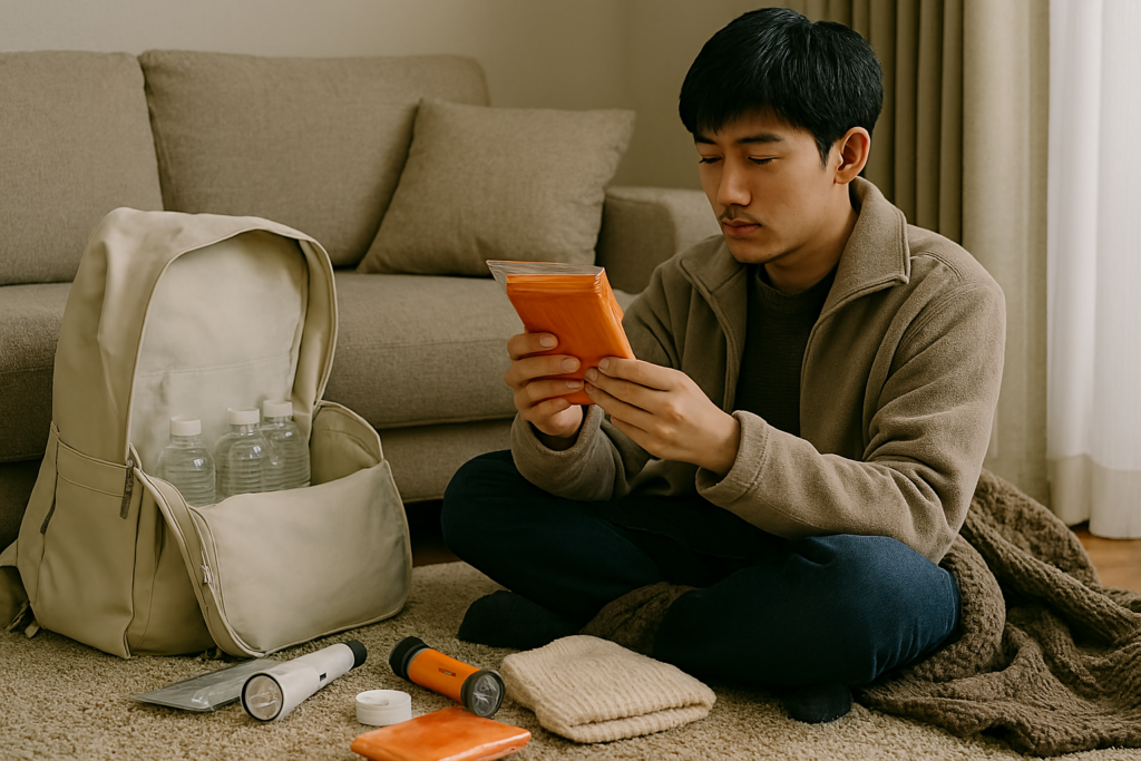 冬の防災グッズを確認する日本人男性