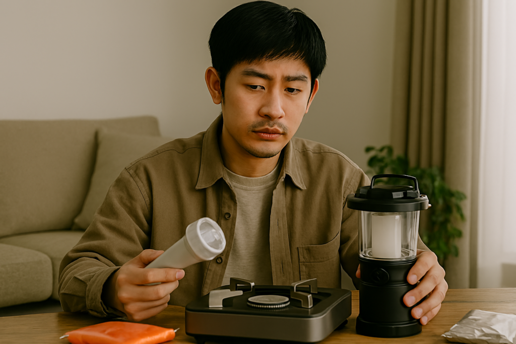 懐中電灯とランタンを使う日本人男性の照明比較