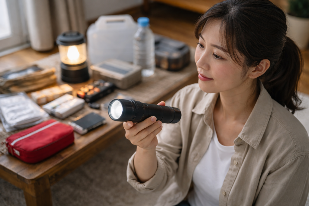 防災用懐中電灯を準備する日本人女性
