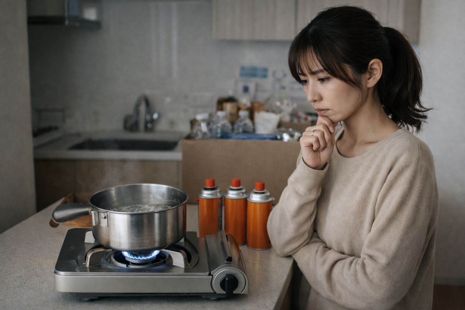 日本人女性がカセットコンロで非常時に調理