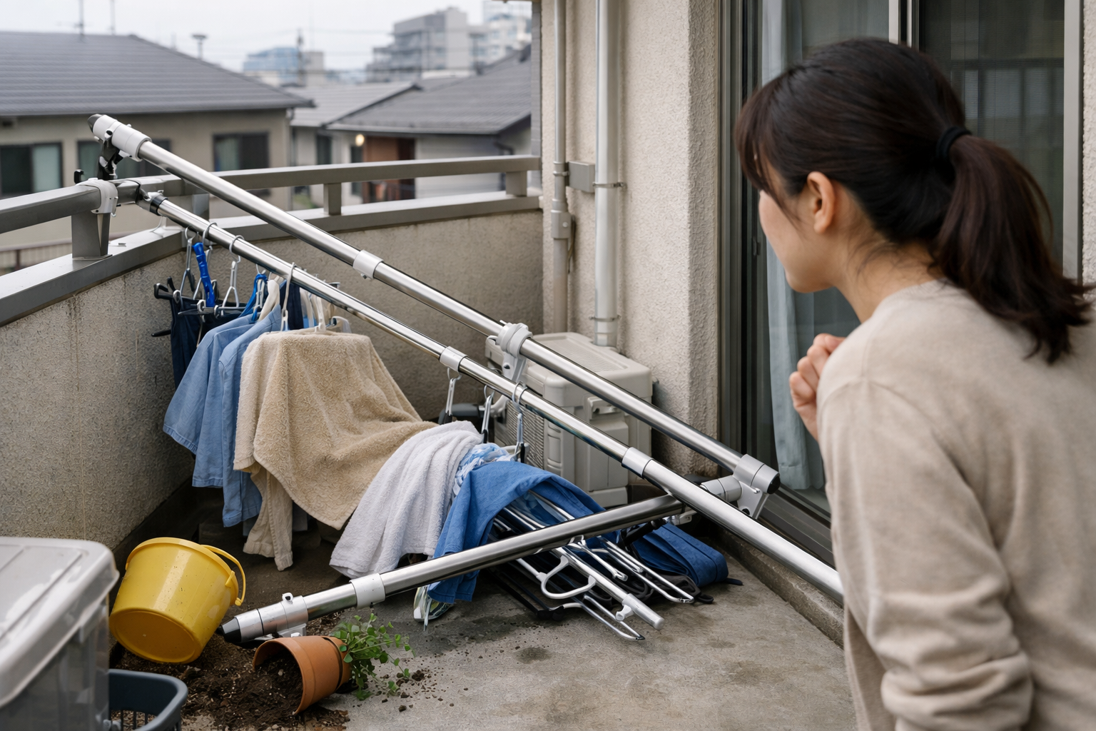 倒れたベランダ突っ張り物干しを見る日本人女性