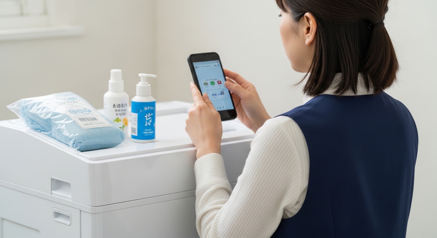 防災用洗濯用品を準備する日本人女性