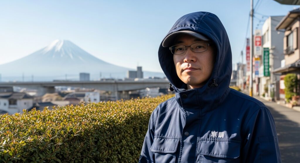 防災頭巾をかぶり避難準備する日本人男性