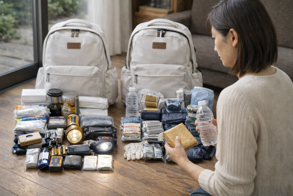 ラピタ防災セットの違いを確認する日本人男性