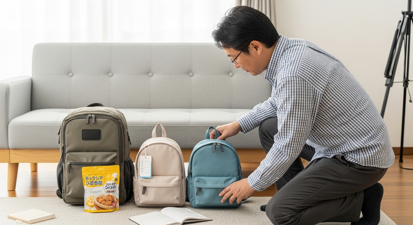 日本人男性が確認する非常食の保管場所