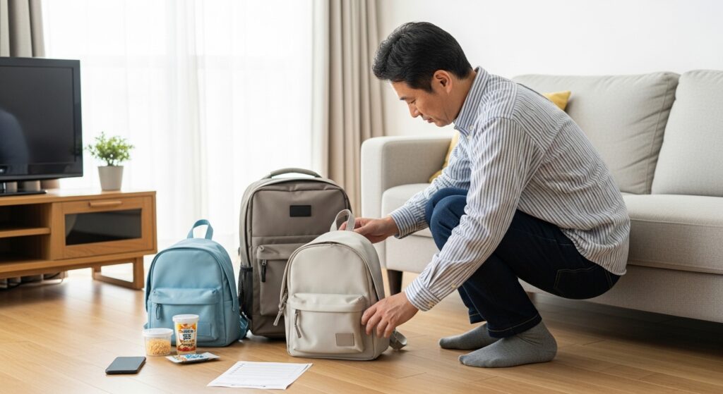 車内備蓄確認する日本人男性温度管理の注意