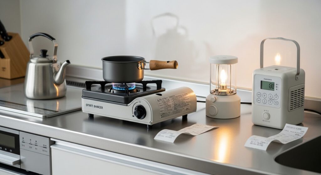 備蓄向きの身近な食品を並べた様子