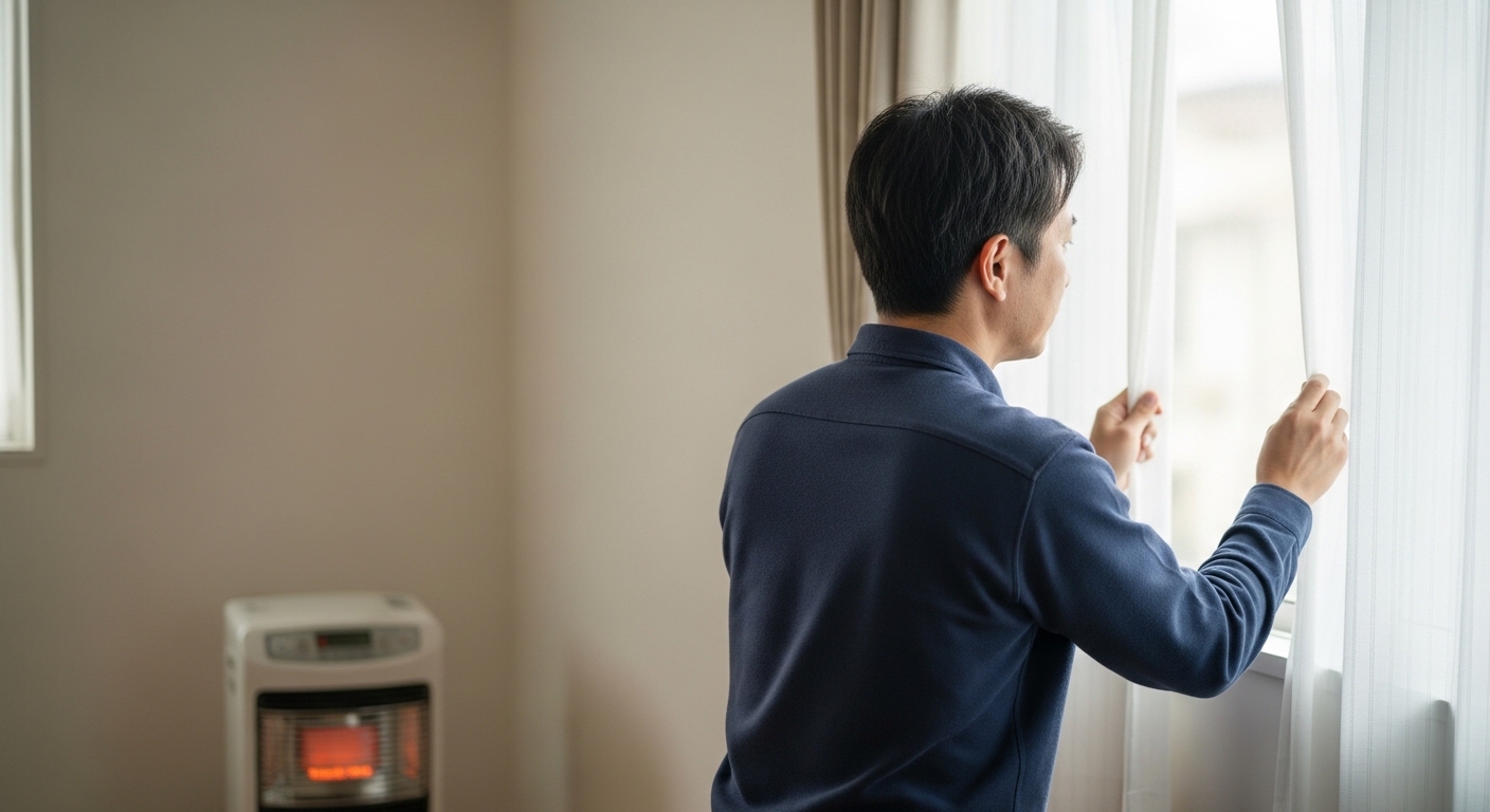 停電対策を確認する日本人男性と冷暖房代替手段