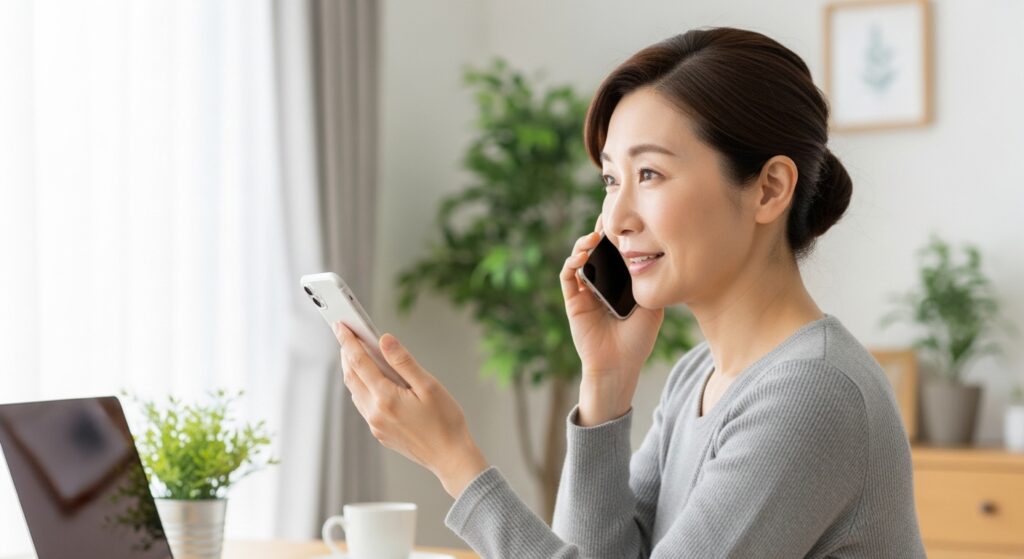 非常食を選ぶ日本人女性と豊富な備蓄