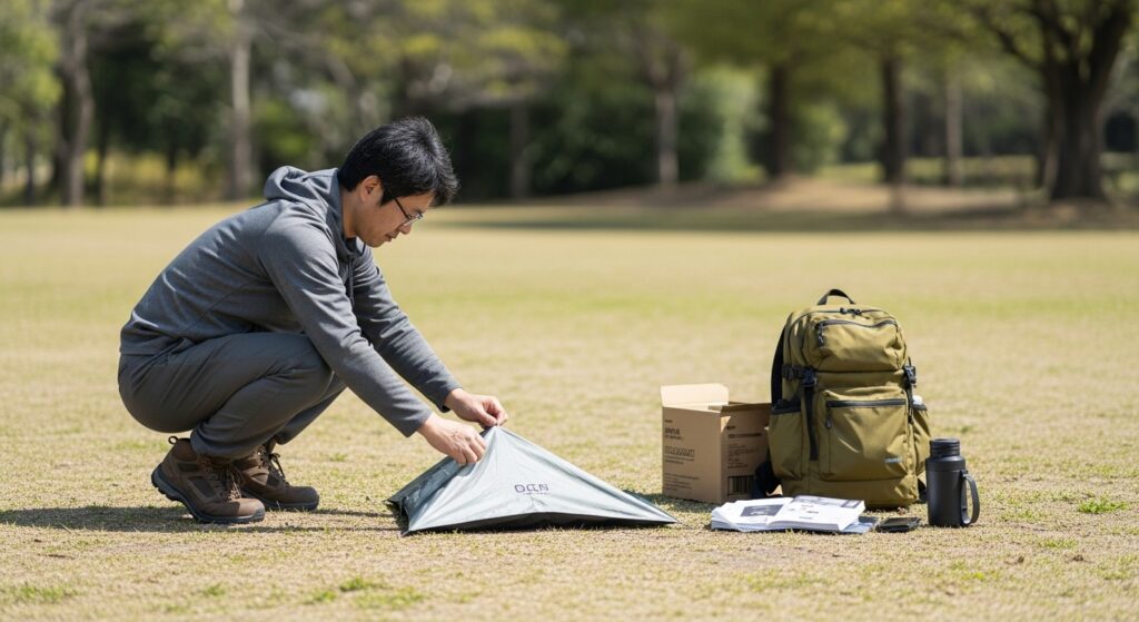 日本人男性が災害時にテントを設営する様子