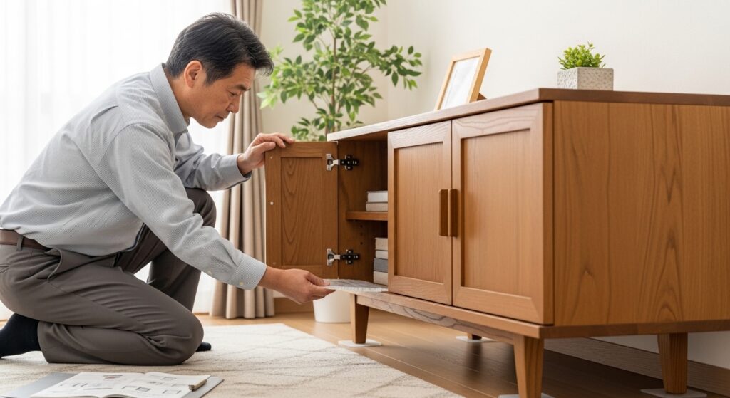 日本人男性が耐震マットを設置する様子