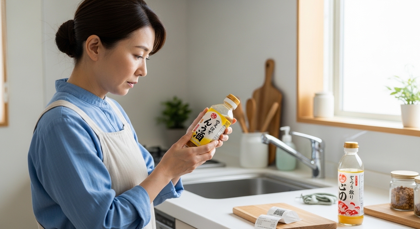 日本人女性がめんつゆの保存状態をチェック