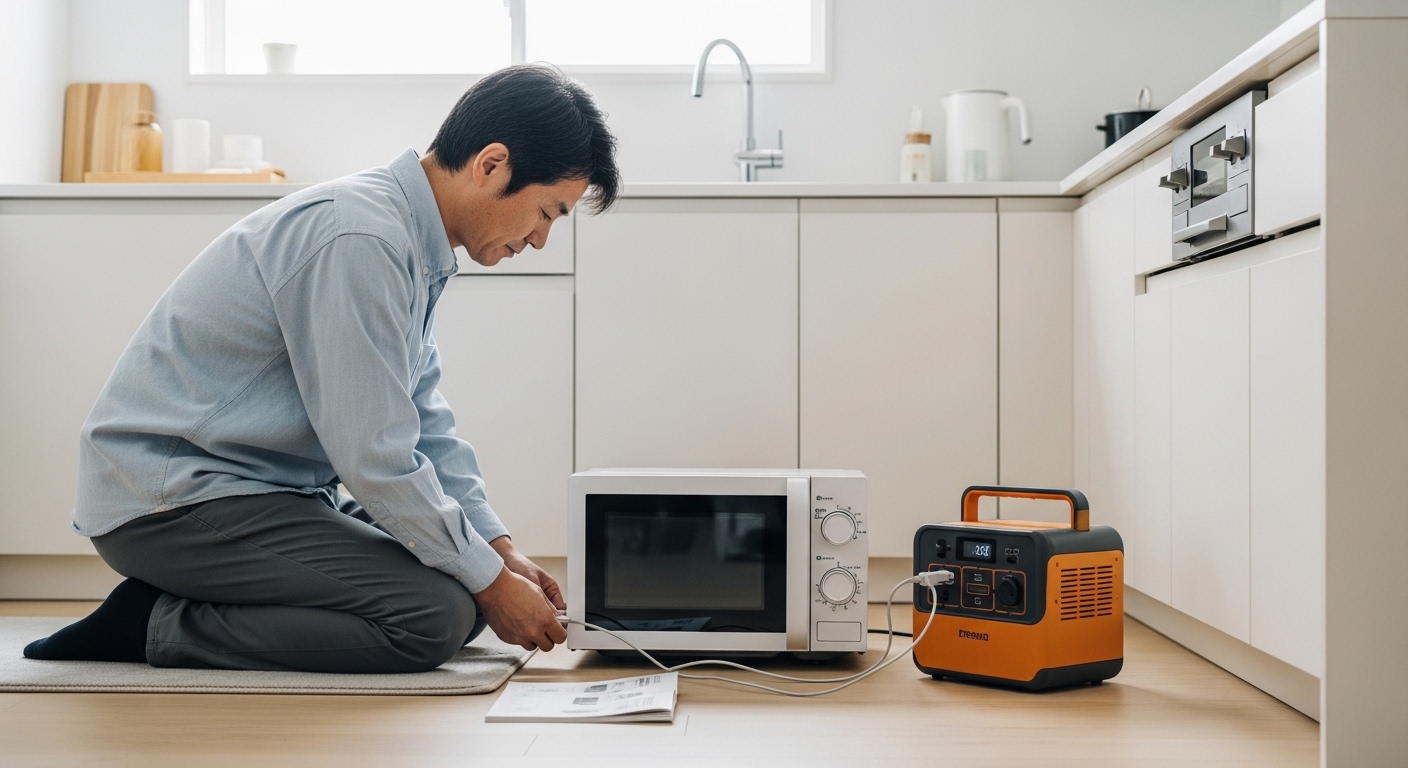 日本人男性がポータブル電源で電子レンジを使用