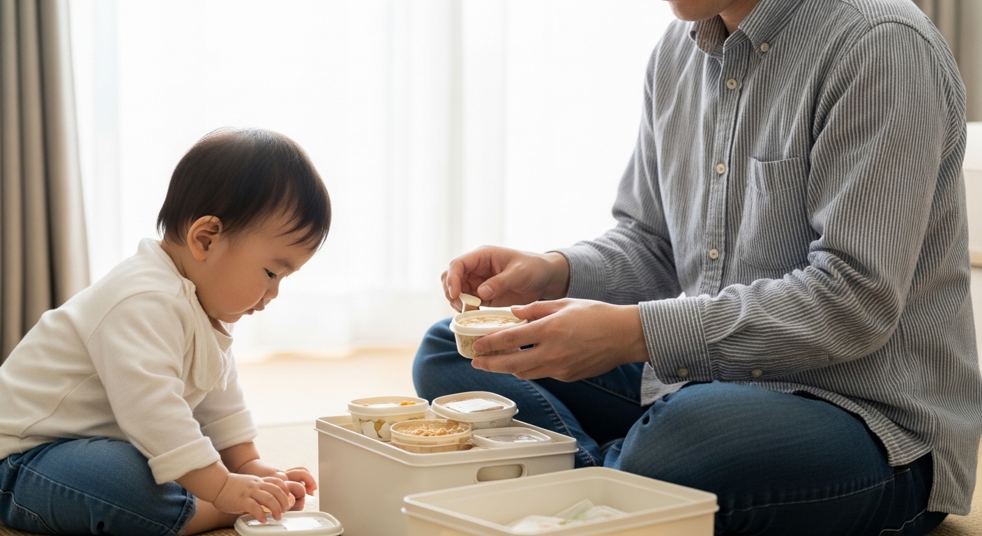 日本人男性が1歳非常食を確認