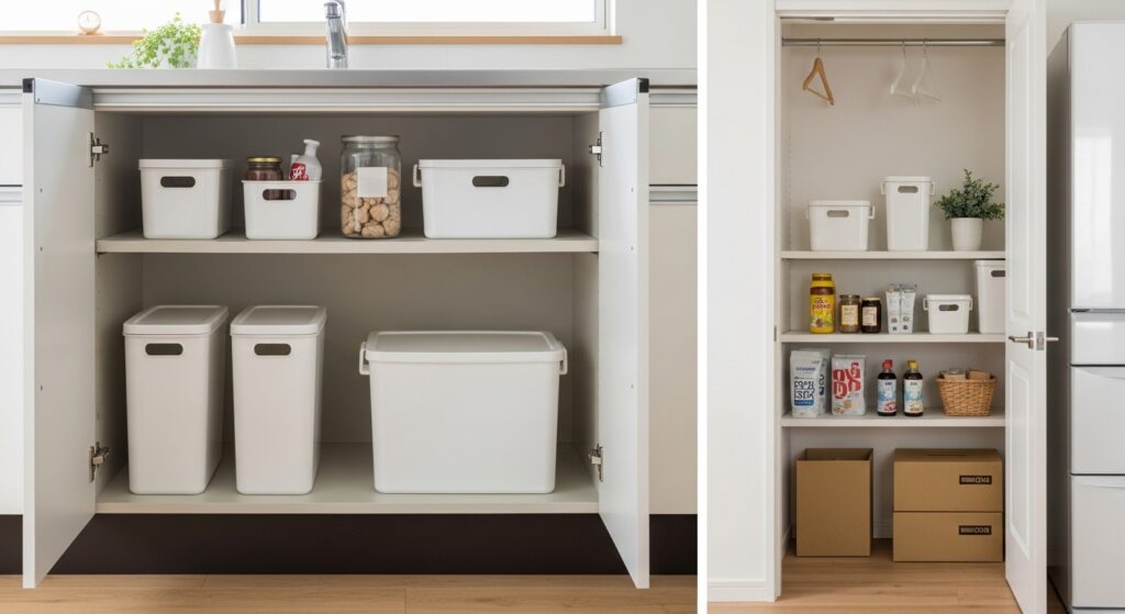 非常食と水の分散収納と保管環境の例