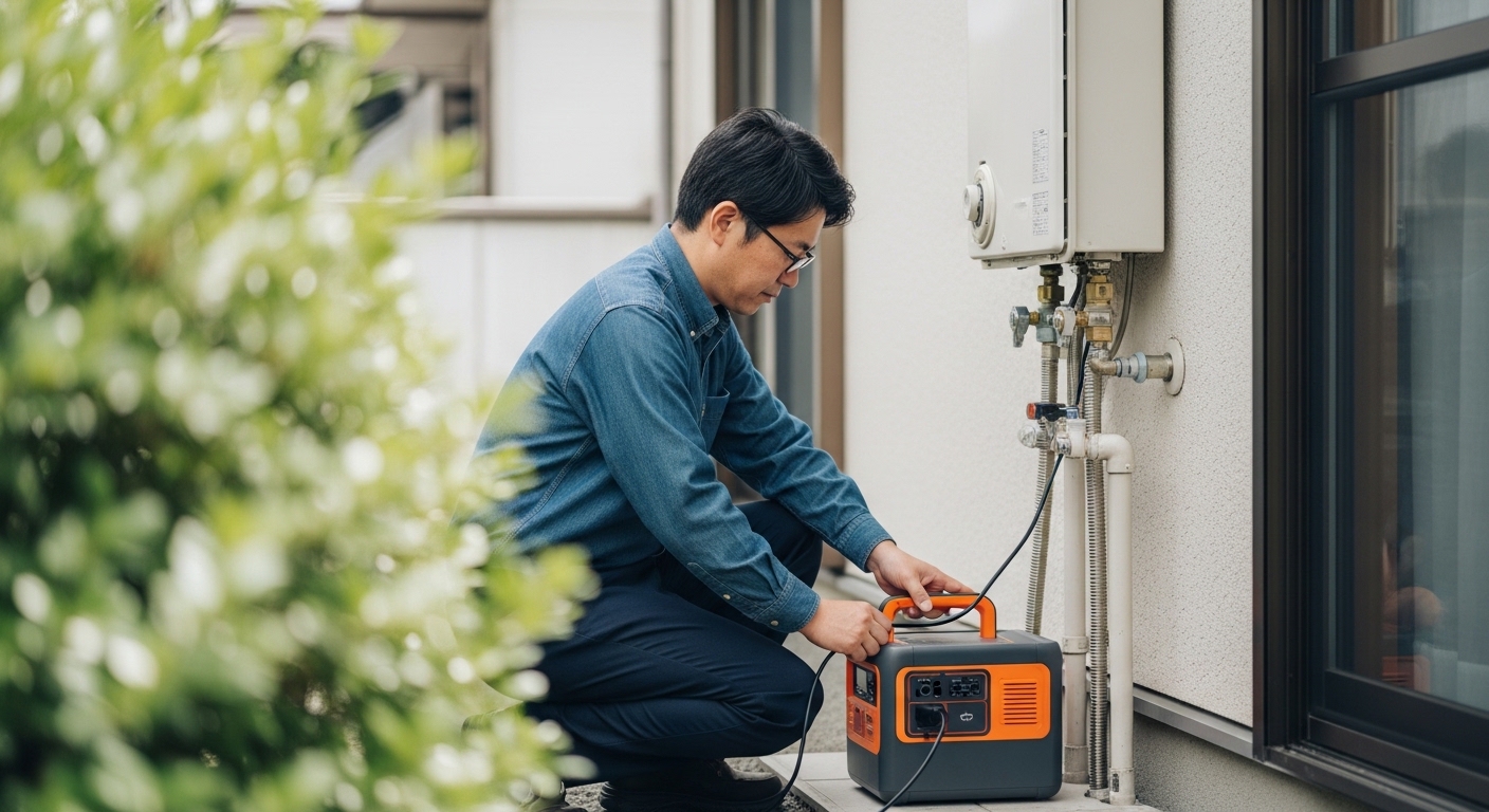 日本人男性が給湯器と電源を接続確認