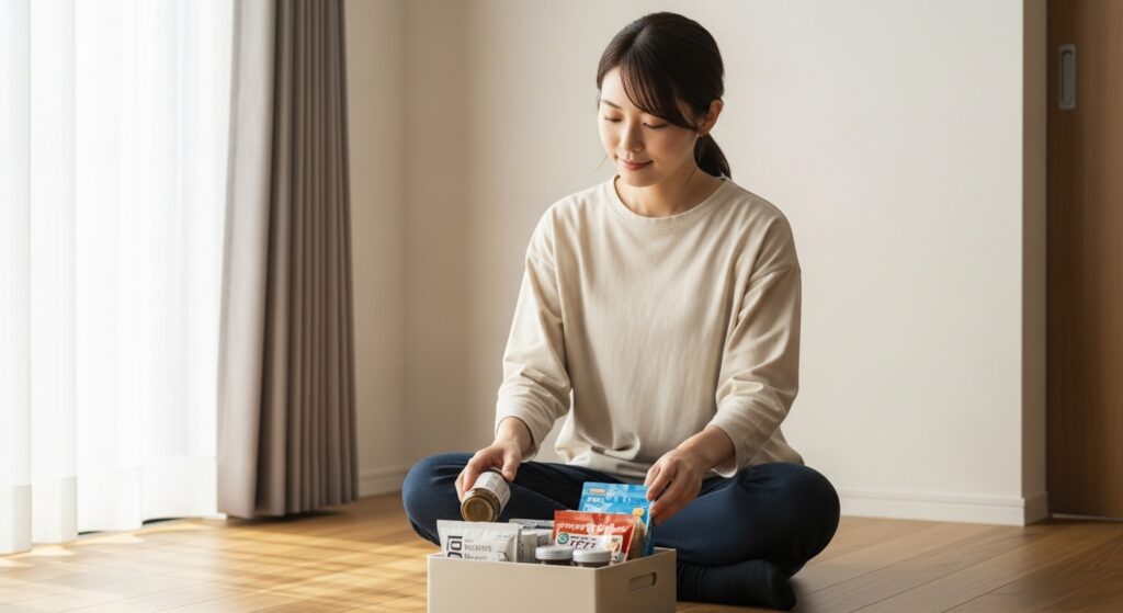 日本人女性が非常食を整理し循環備蓄