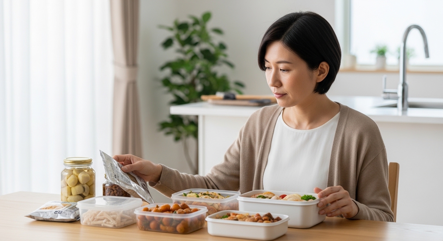 日本人女性が保存食と非常食を備蓄確認