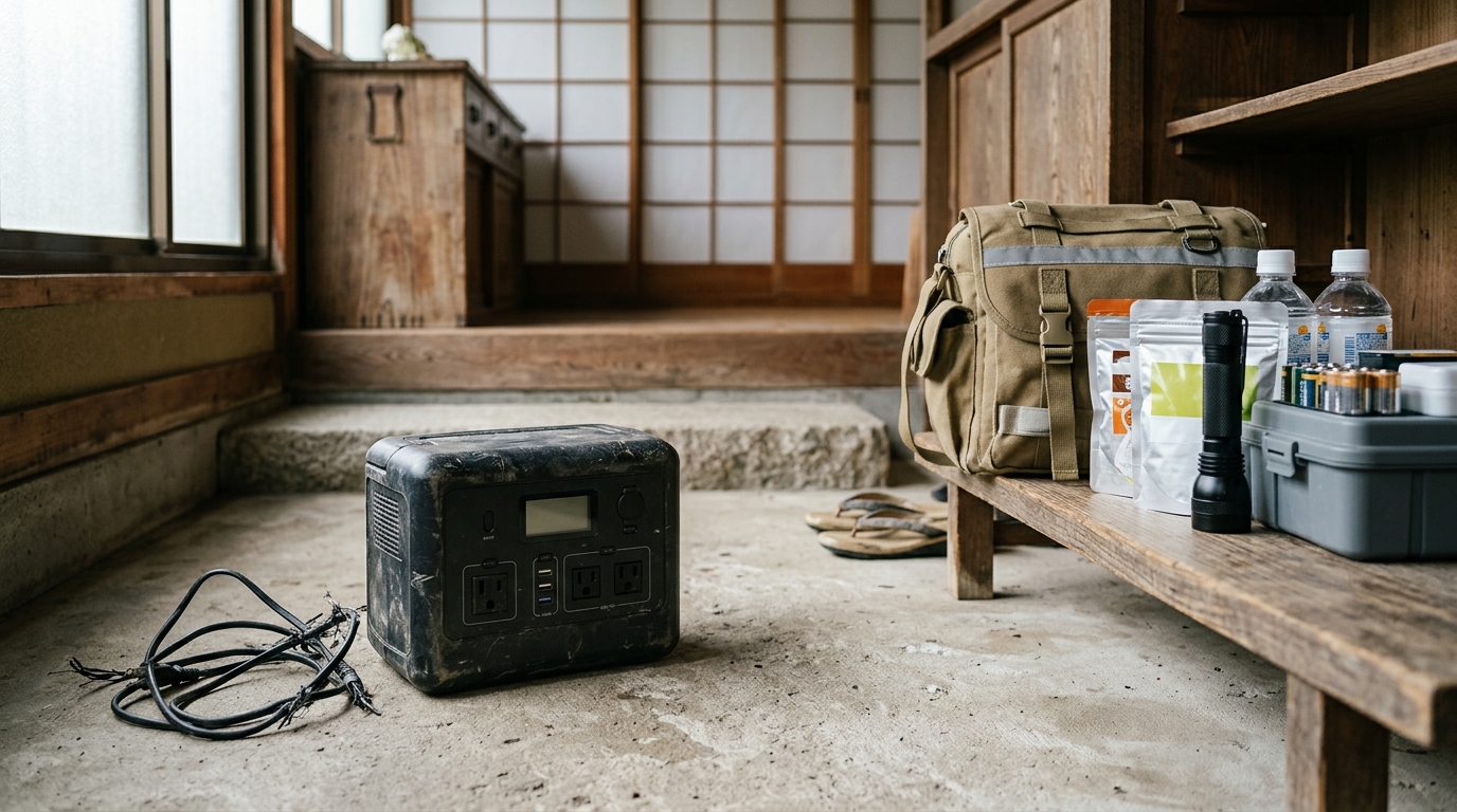 ジャクリ 1000 Newとソーラーパネル2枚を組み合わせた防災用電源設備のイメージ画像