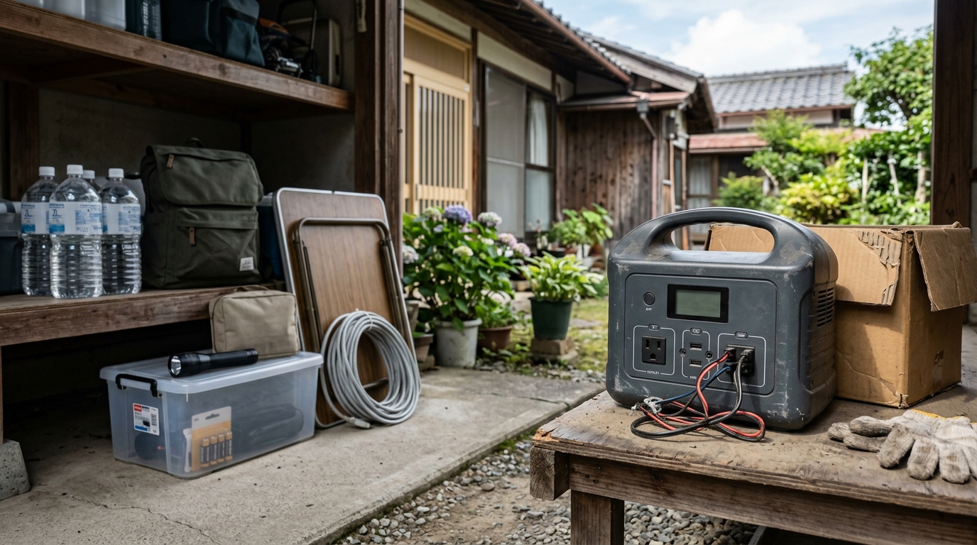 ポータブル電源2000Wと複数の家電を並べ、停電時にどれくらい使えるかを比較している防災イメージ