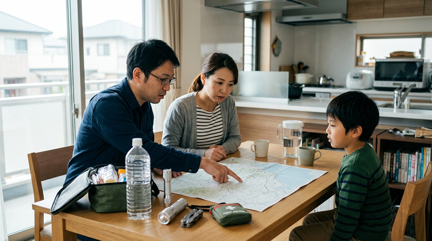 南海トラフ被害予想の都道府県一覧を確認しながら、内陸リスクへの備えを進める男性の防災シーン