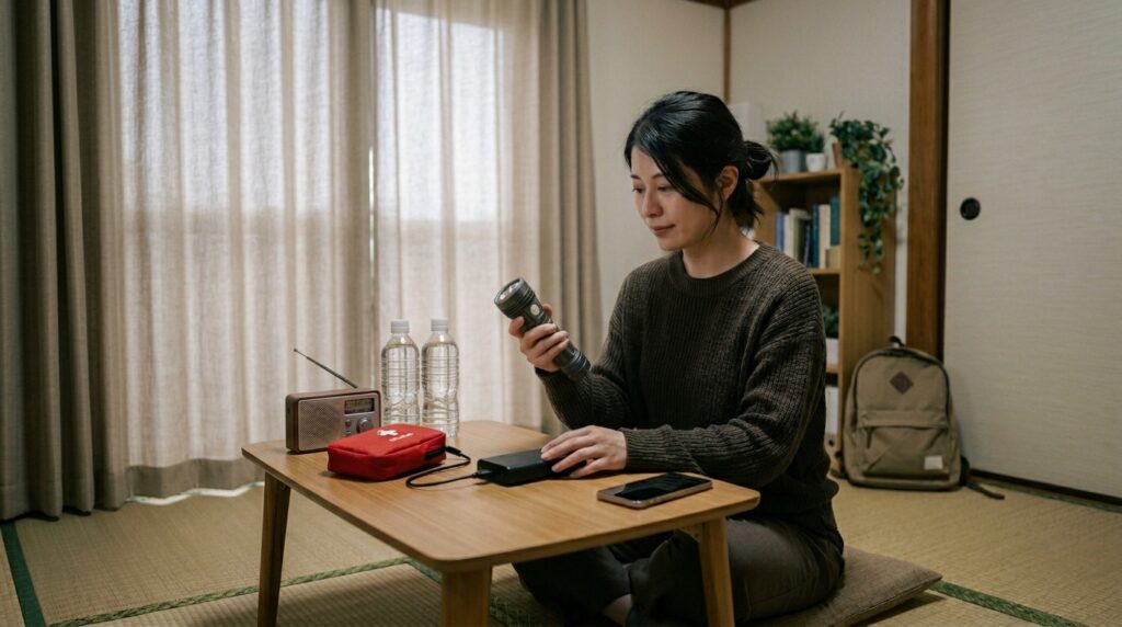 災害発生後72時間に備えて非常食や防災用品を確認し、自宅で備蓄を整える防災対策のイメージ