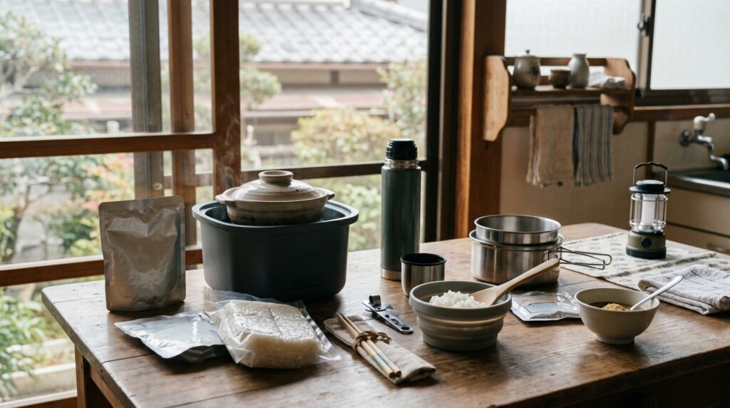停電対策用品や食事の内容を確認しているイメージ