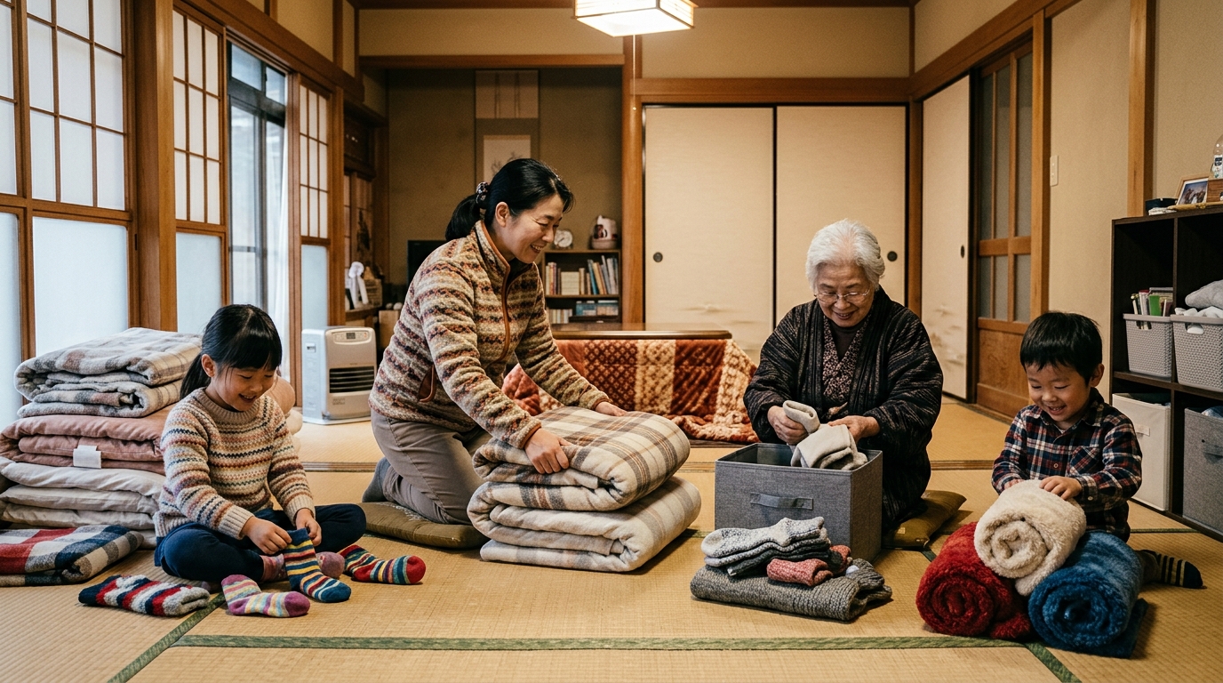 女性が暖を取るため、布団や発熱剤・非常食を整理し、災害時の対策を実施