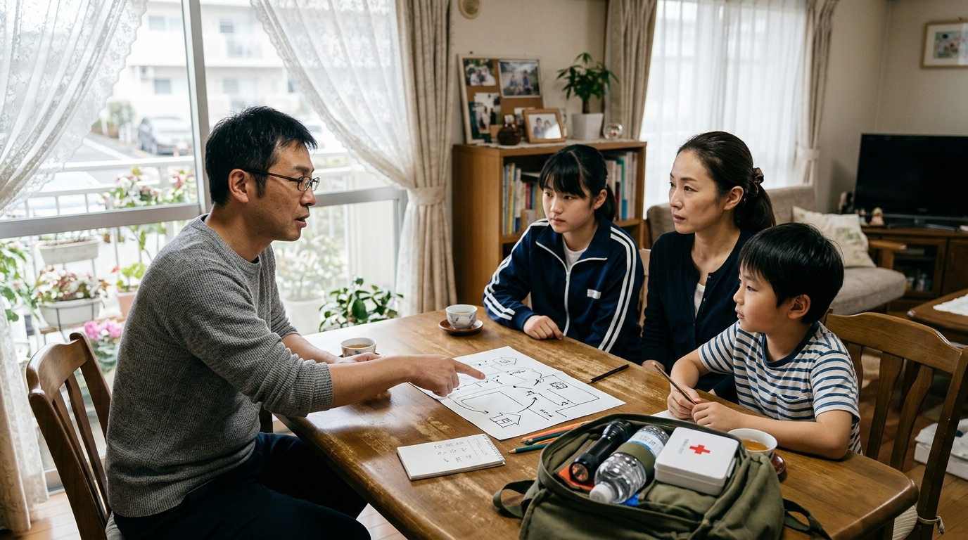 ポータブル電源でエアコンを使用しながら、男性が停電時の稼働時間や容量不足を確認している防災シーン