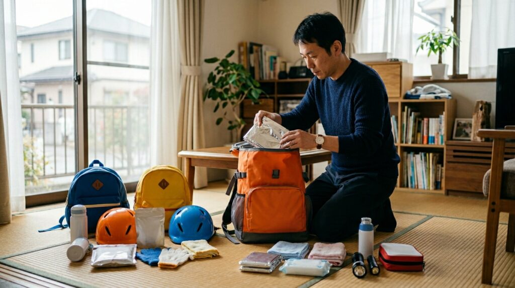 Jackeryアプリで電源情報を共有しながら、災害時に備えて防災リュックを準備しているイメージ