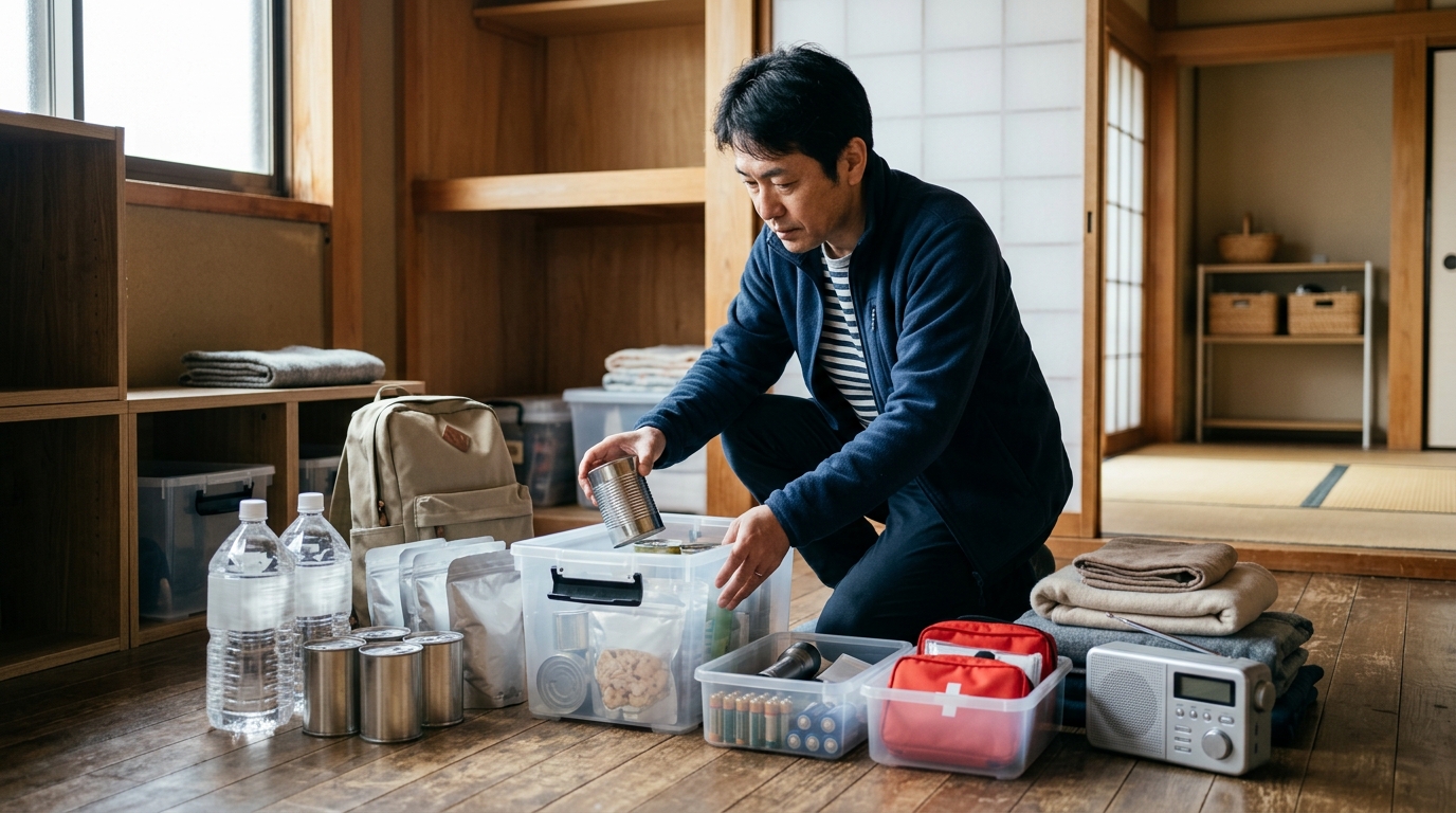 防災用非常食の置き場所を確認しながら、男性が温度や湿気対策を意識して備蓄管理している様子