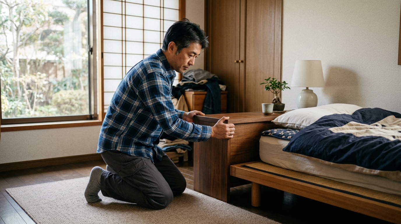 非常食の倉庫保管方法を確認しながら、男性が温度や湿気対策を意識して防災備蓄を整理している様子