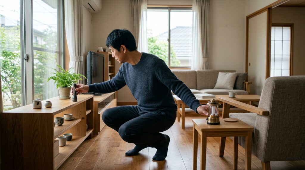 ベースフードを非常食として備え、賞味期限やローリングストック方法を確認しながら停電対策を考えるイメージ
