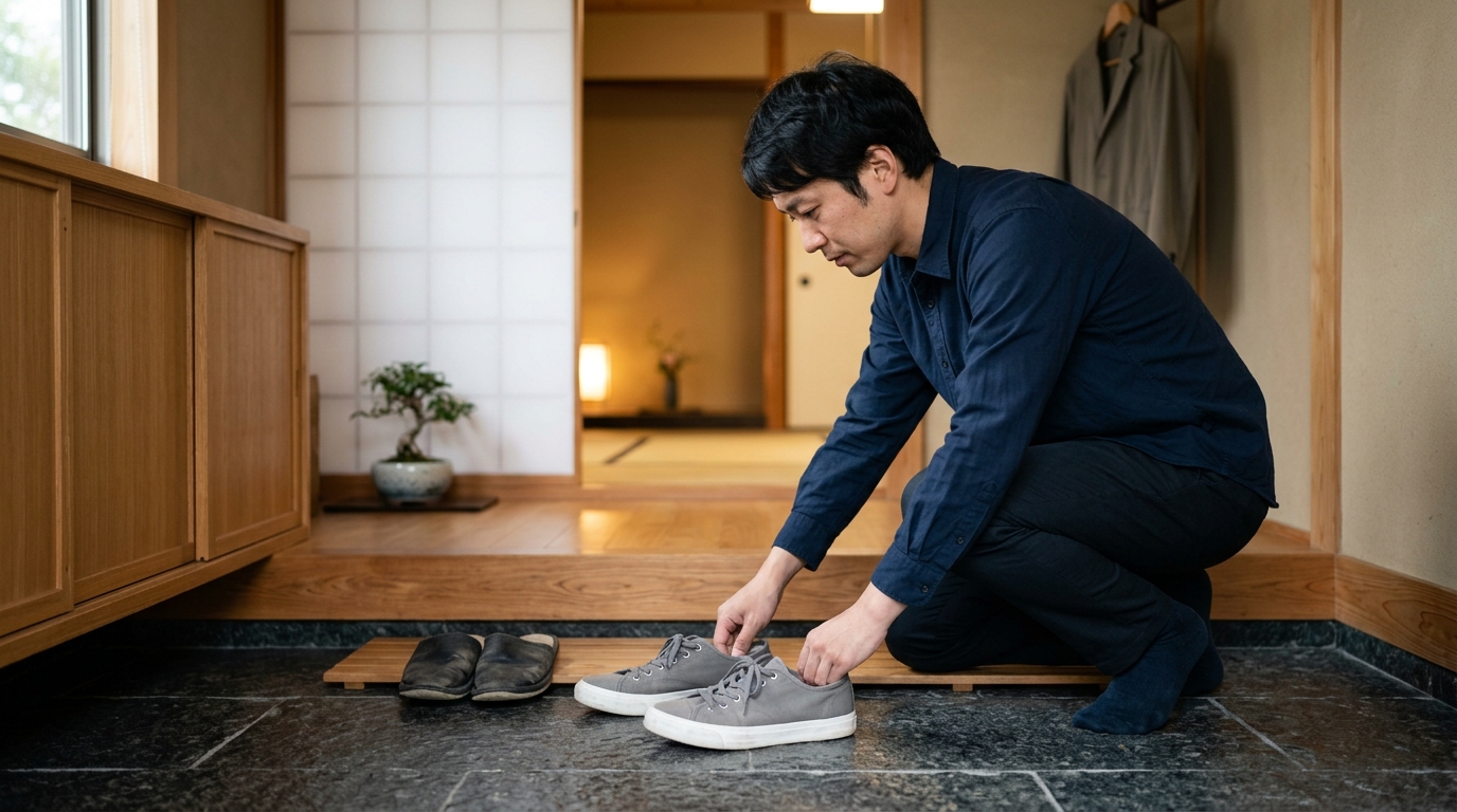ベースブレッドを非常食として備え、賞味期限を確認しながらローリングストックを実践する男性のイメージ画像