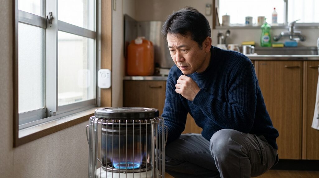 停電時にポータブル電源を活用しながら、安全に電化製品を使う男性の様子