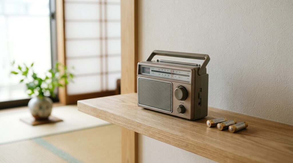 夏の非常食や防災用品を高温多湿対策として整理し、ラジオを備えて停電時に情報収集する防災イメージ