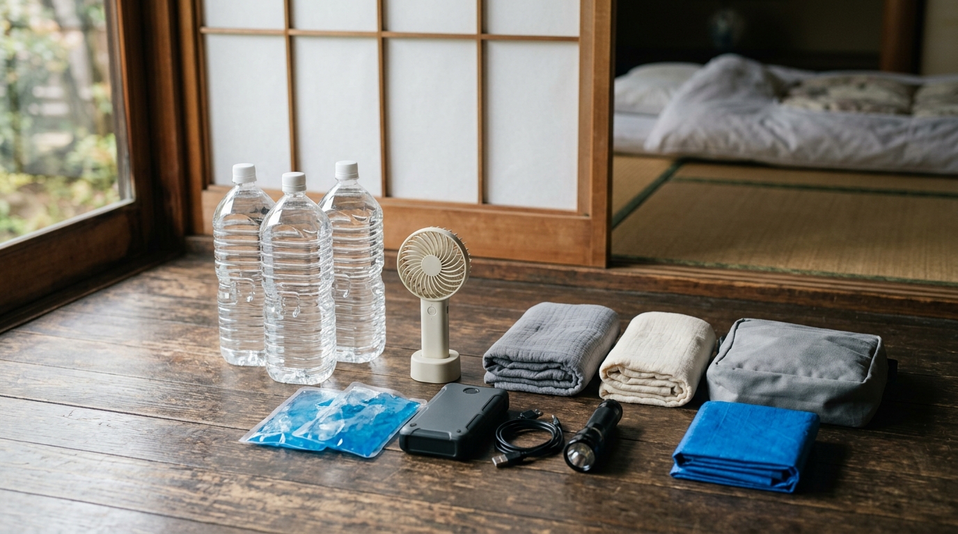 夏の防災グッズとして飲料水や冷却用品、非常食、防災リュックが整然と並ぶ備えのイメージ