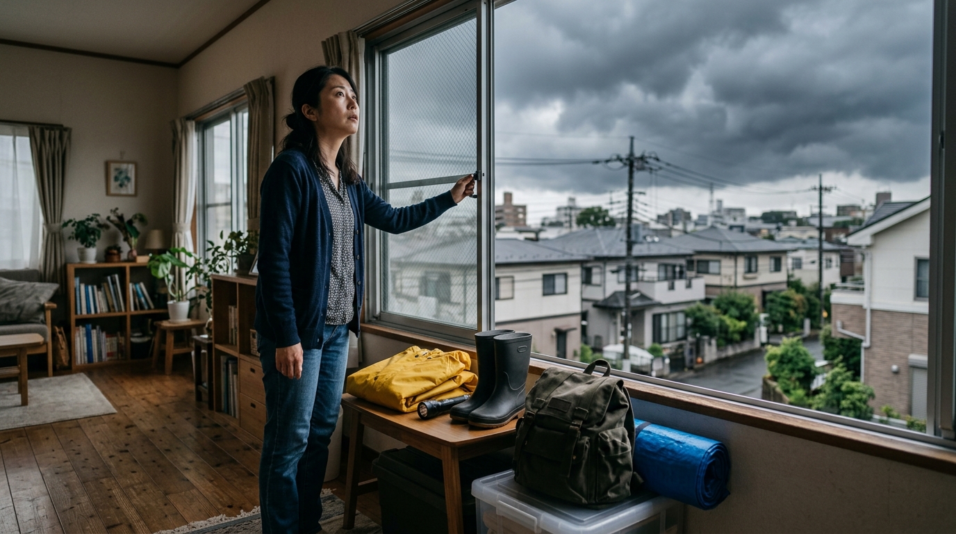 女性が台風情報を見ながら、1000ヘクトパスカルの強さや気圧と風の関係を理解して備える様子