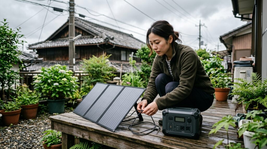 Jackeryの信頼性や防災備えを考えながら、ポータブル電源やソーラーパネルを確認する様子を表すイメージ画像