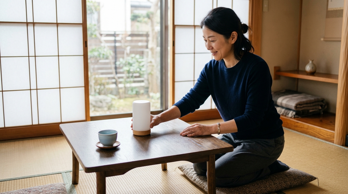 備蓄していた非常食のご飯を温めながら、災害時でも落ち着ける食事環境を整える女性の様子