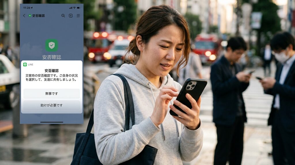 防災時の安全確認や連絡手段の確保について考える様子を表すイメージ画像