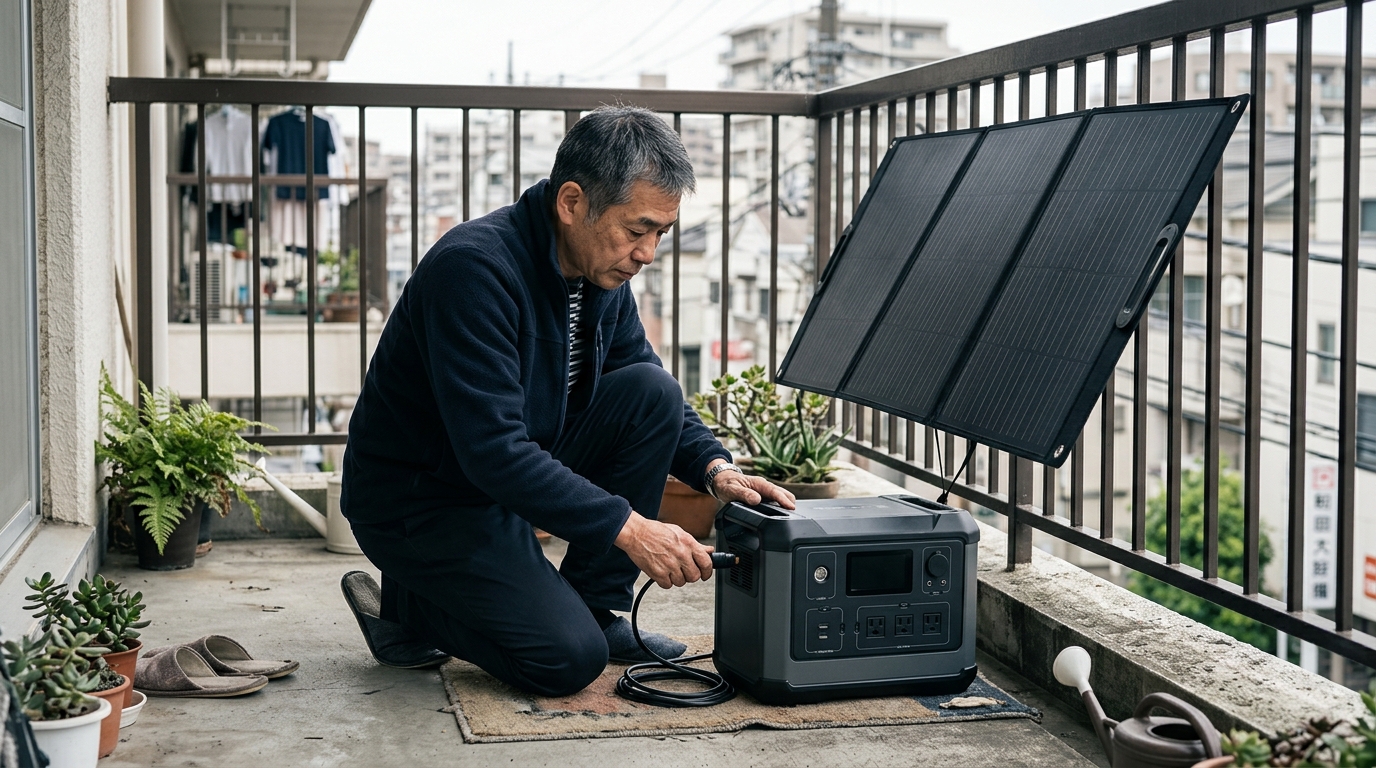 Jackeryのソーラーパネルを雨の日でも安全に使うため、端子部分を確認しながら備える男性のシーン